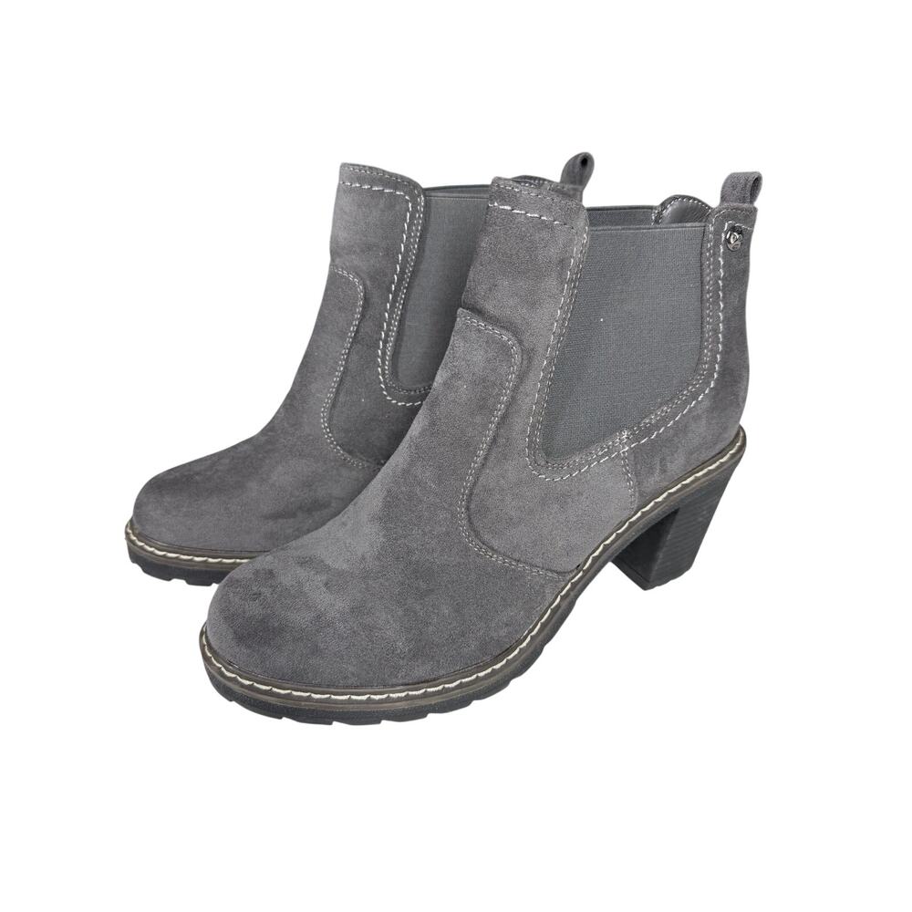 CORKYS Bootie 10 Rocky Faux Suede Block Heel Rubber Sole Contrast Stitching